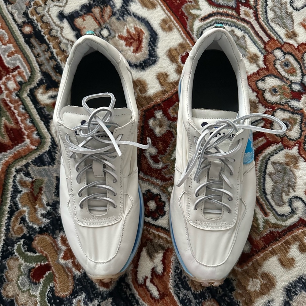 Blu Scarpa Men's White Trainer Sneakers with Light Blue Accents